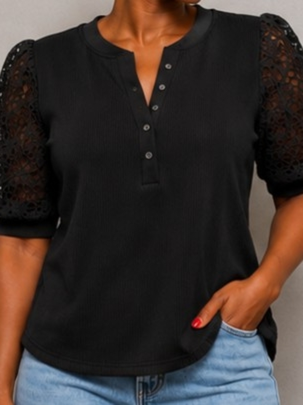 Nicole Miller Black Lace Puff Sleeve Top